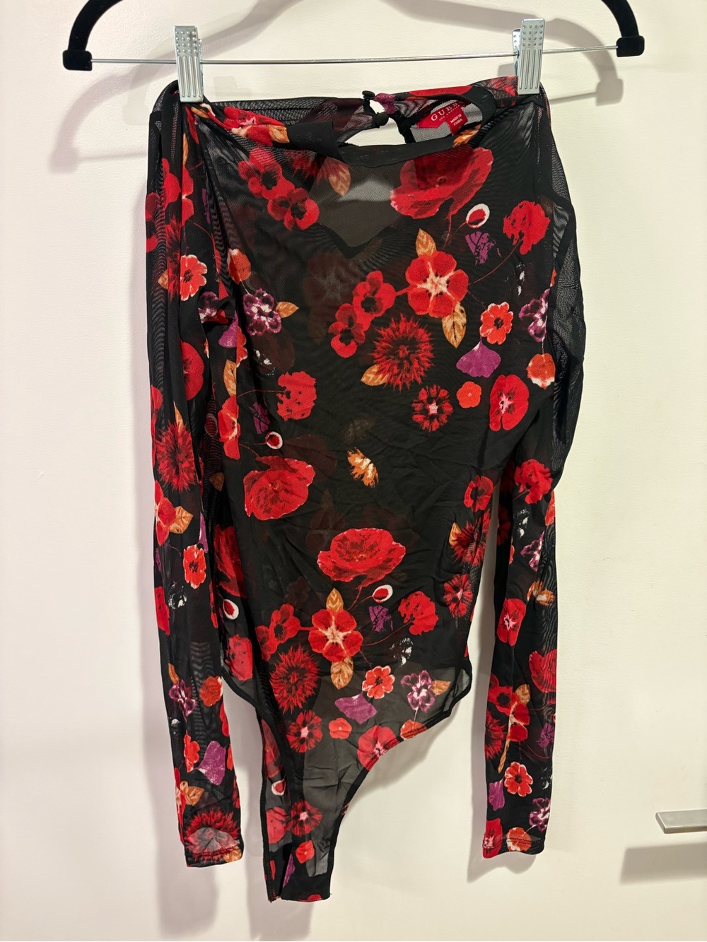 GUESS Mesh Black Floral Long Sleeve Bodysuit with Red Blooms